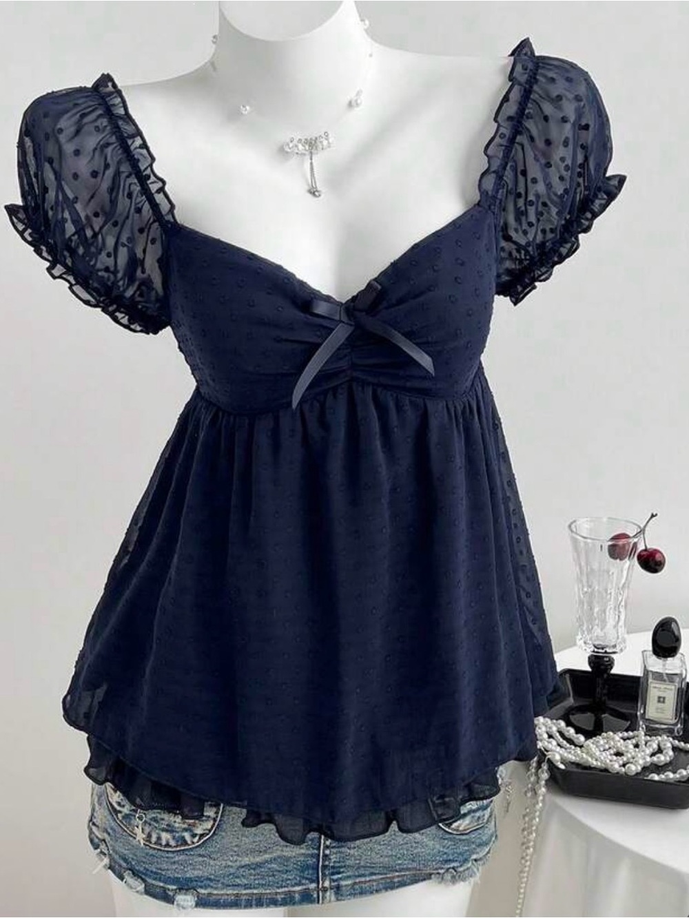 SHEIN Navy Swiss Dot Puff Sleeve Babydoll Camisole